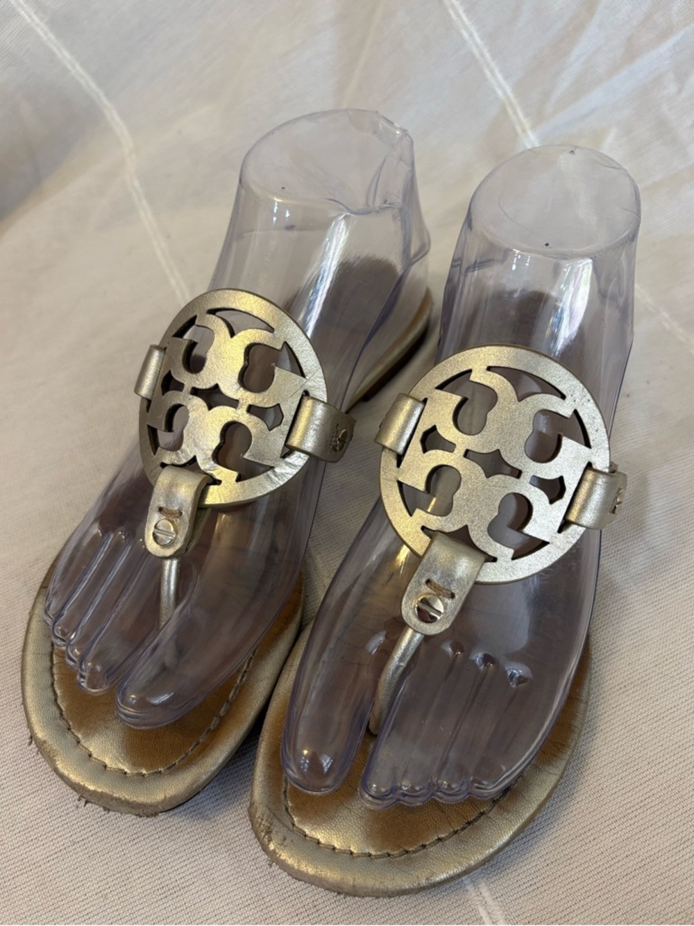 Tory Burch Miller Metallic Logo Thong Sandals Silver Sz 7.5